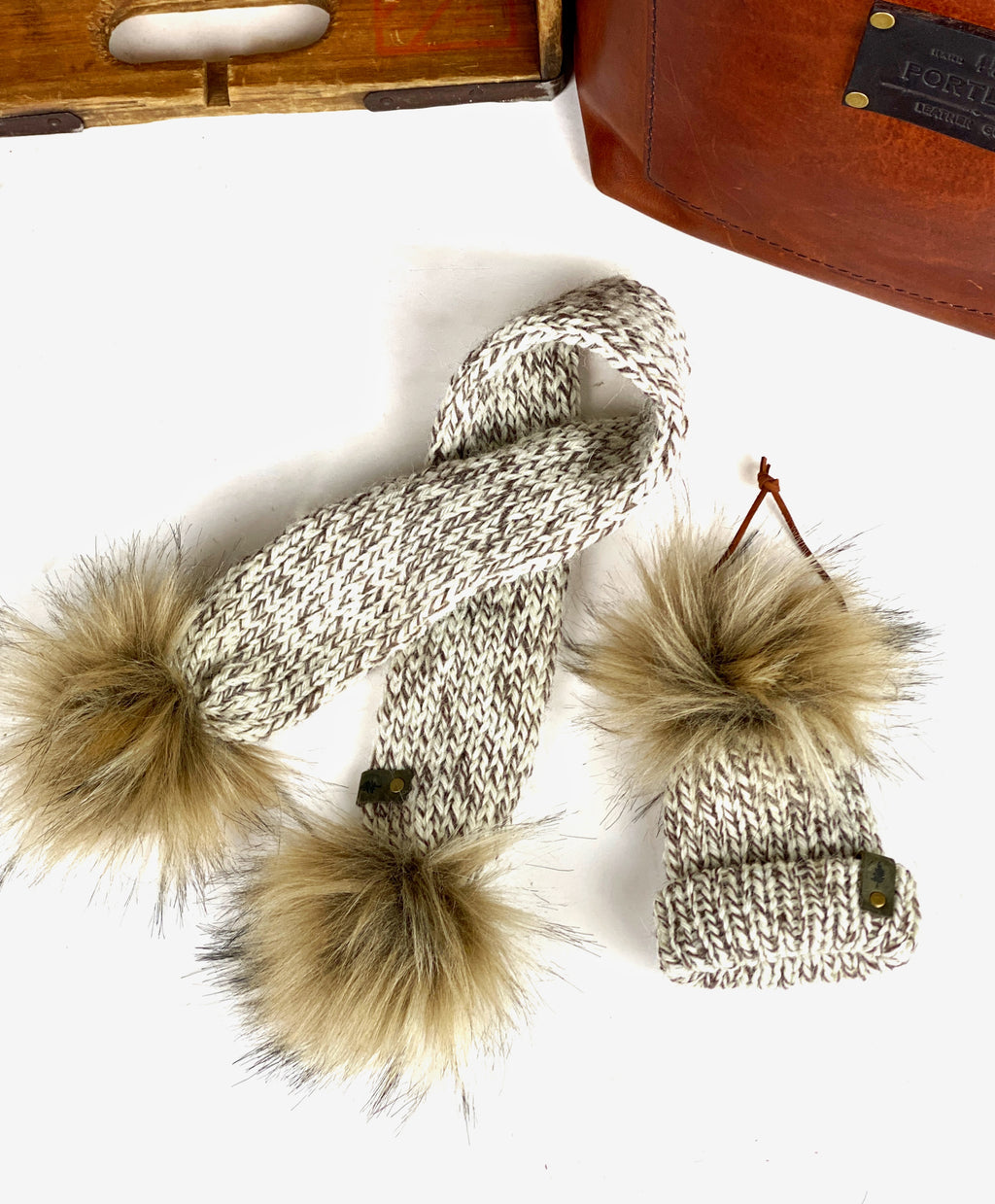 Fishermens Wool Mini Knit Hat and Scarf Combo Purse Charm, Folded Brim Tiny Hat Ornaments, Wool Miniature Beanie Christmas Decor