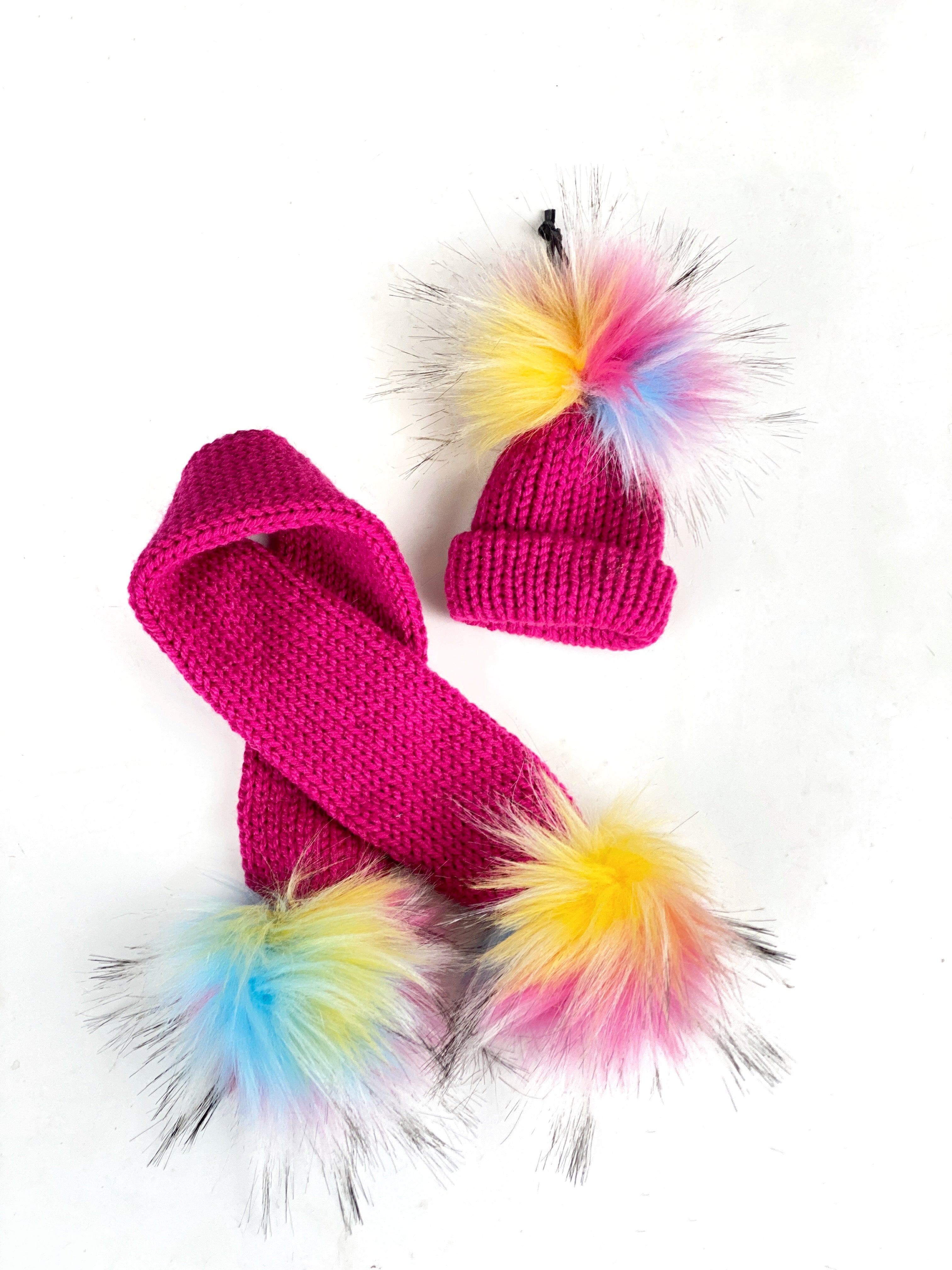 Hot Pink and Rainbow Mini Knit Hat and Scarf Combo Purse Charm, Folded Brim Tiny Hat Ornaments, Acrylic Miniature Beanie Christmas Decor