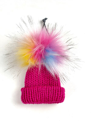 Hot Pink and Rainbow Mini Knit Hat and Scarf Combo Purse Charm, Folded Brim Tiny Hat Ornaments, Acrylic Miniature Beanie Christmas Decor
