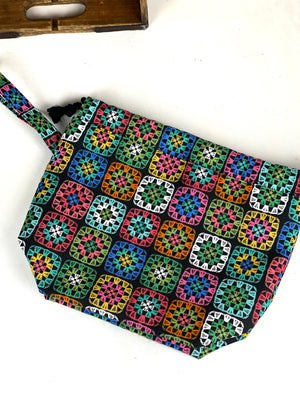 Crochet Granny Square Canvas Project or Tote Bag, Crocheting Project Bag, Utility Crochet Canvas Drawstring Knitting