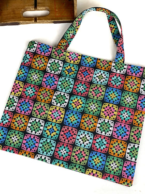 Crochet Granny Square Canvas Project or Tote Bag, Crocheting Project Bag, Utility Crochet Canvas Drawstring Knitting