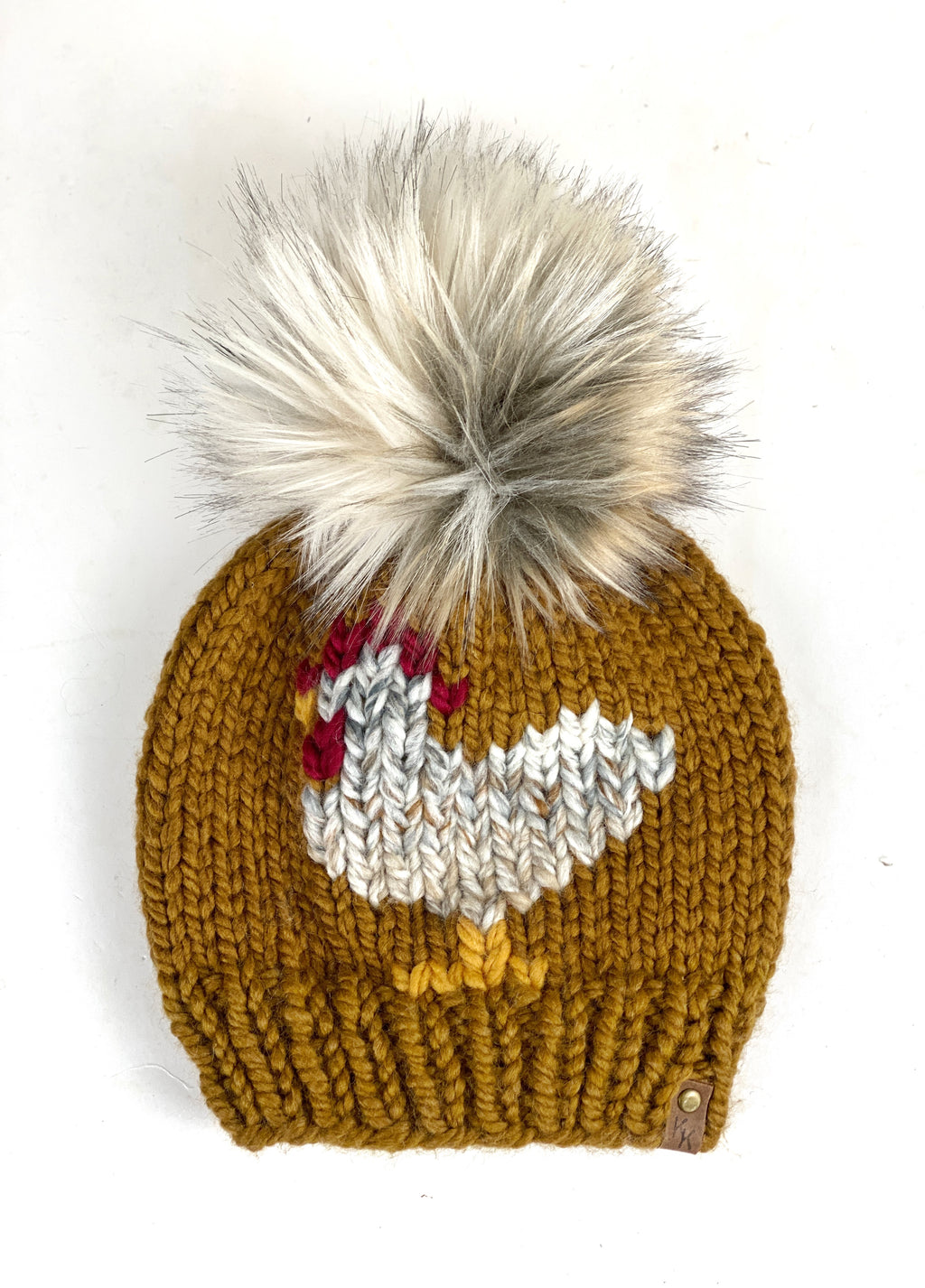 Knit Chicken Hat Flax Wool Blend Womens Adult Hat Faux Fur Pom Pom Beanie