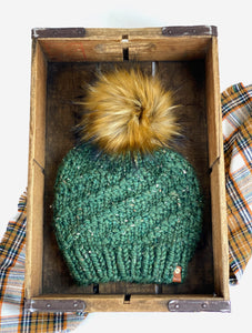 Fisherman or Kale Hand Knit Cyclone Beanie Wool Blend Tamarin Faux Fur Pom Pom Hat Adult Women