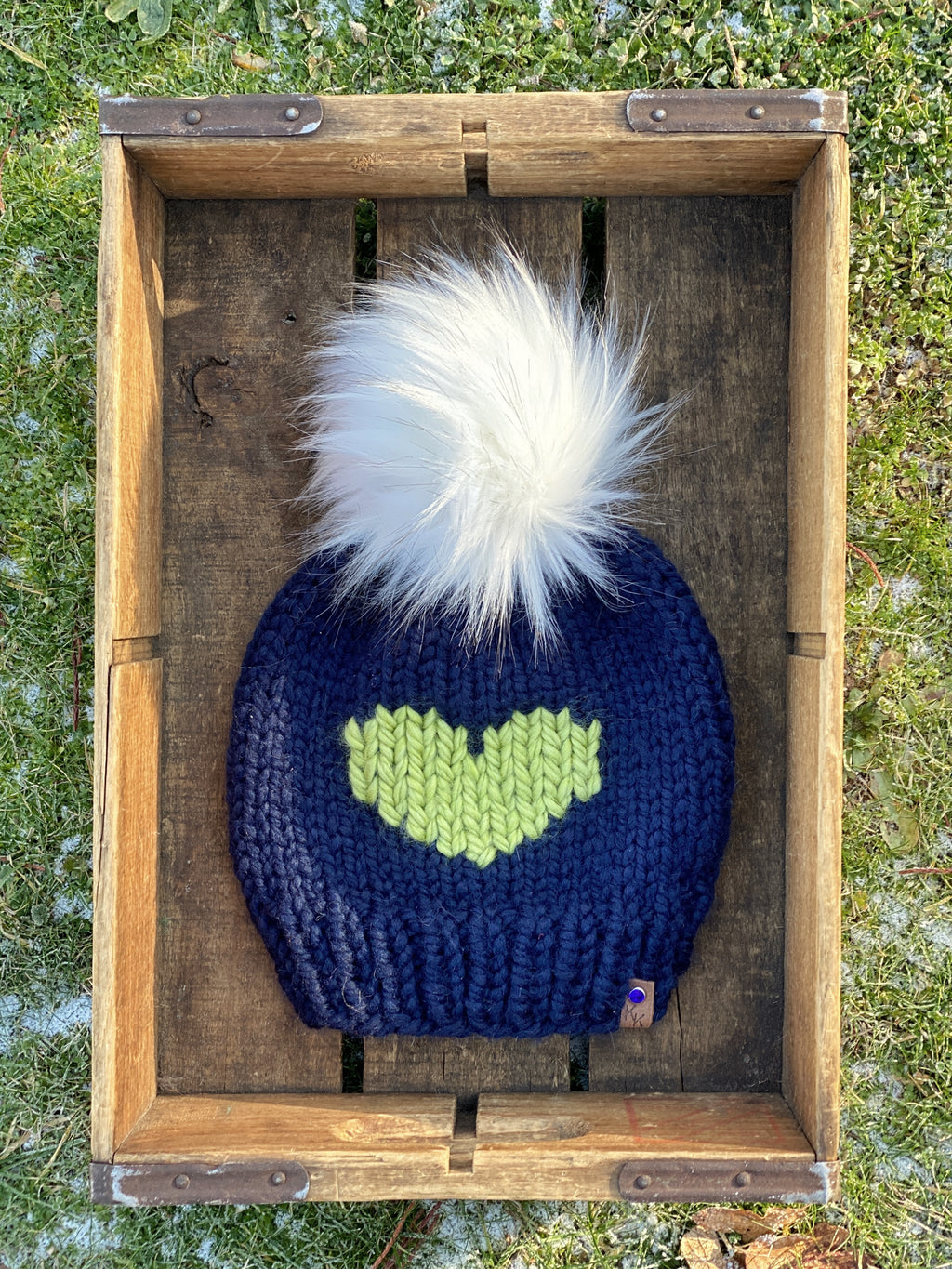 Seattle Seahawks Inspired Green and Blue Heart Hand Knit Beanie Wool Blend Hat Faux Fur Pom Adult Womens Size