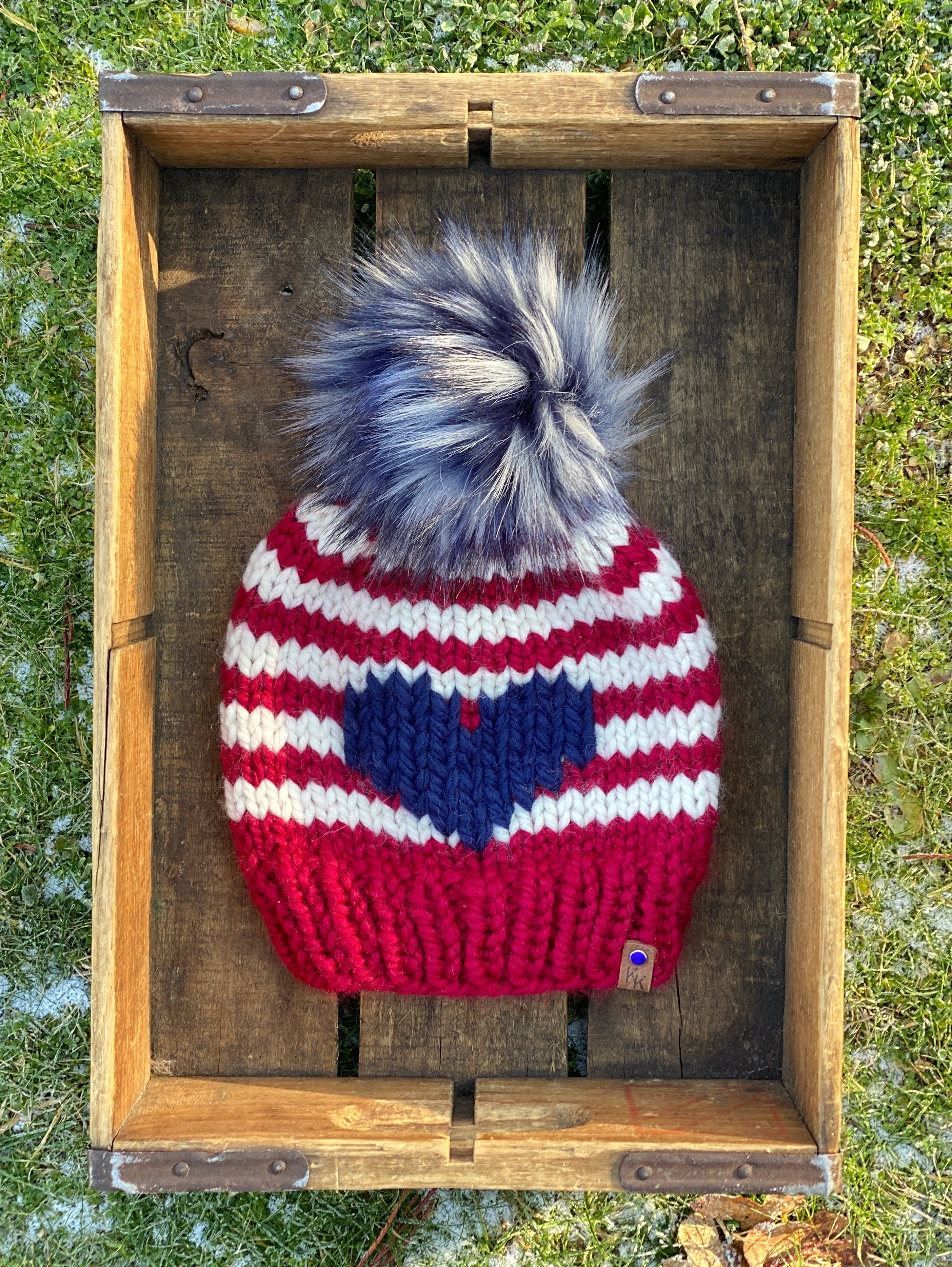 Patriotic Striped Heart Red White Blue Hand Knit Beanie Wool Blend Hat Faux Fur Pom Adult Womens Size