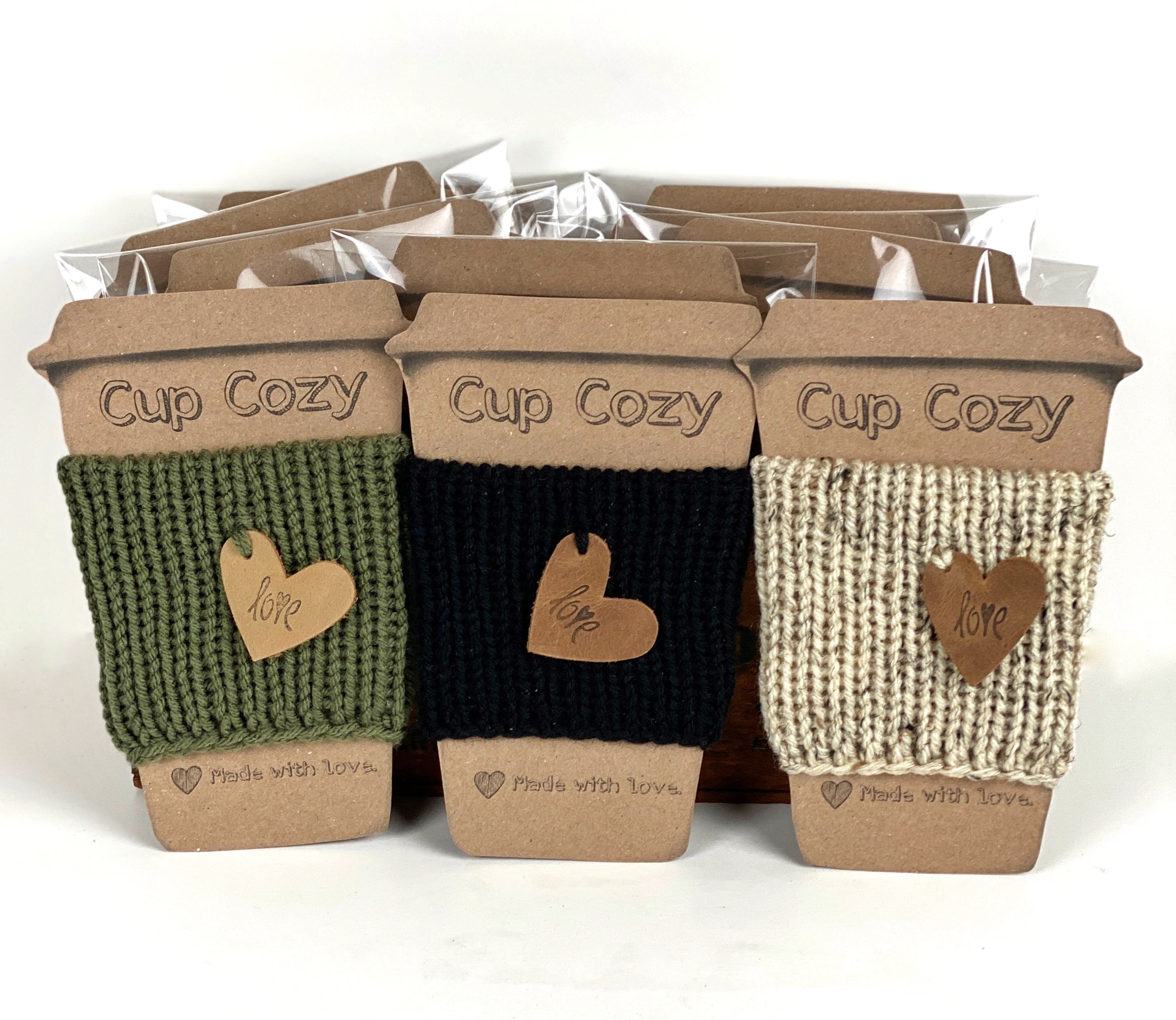 Knit Coffee Cup Cozy Sleeve Leather Love Heart Charm