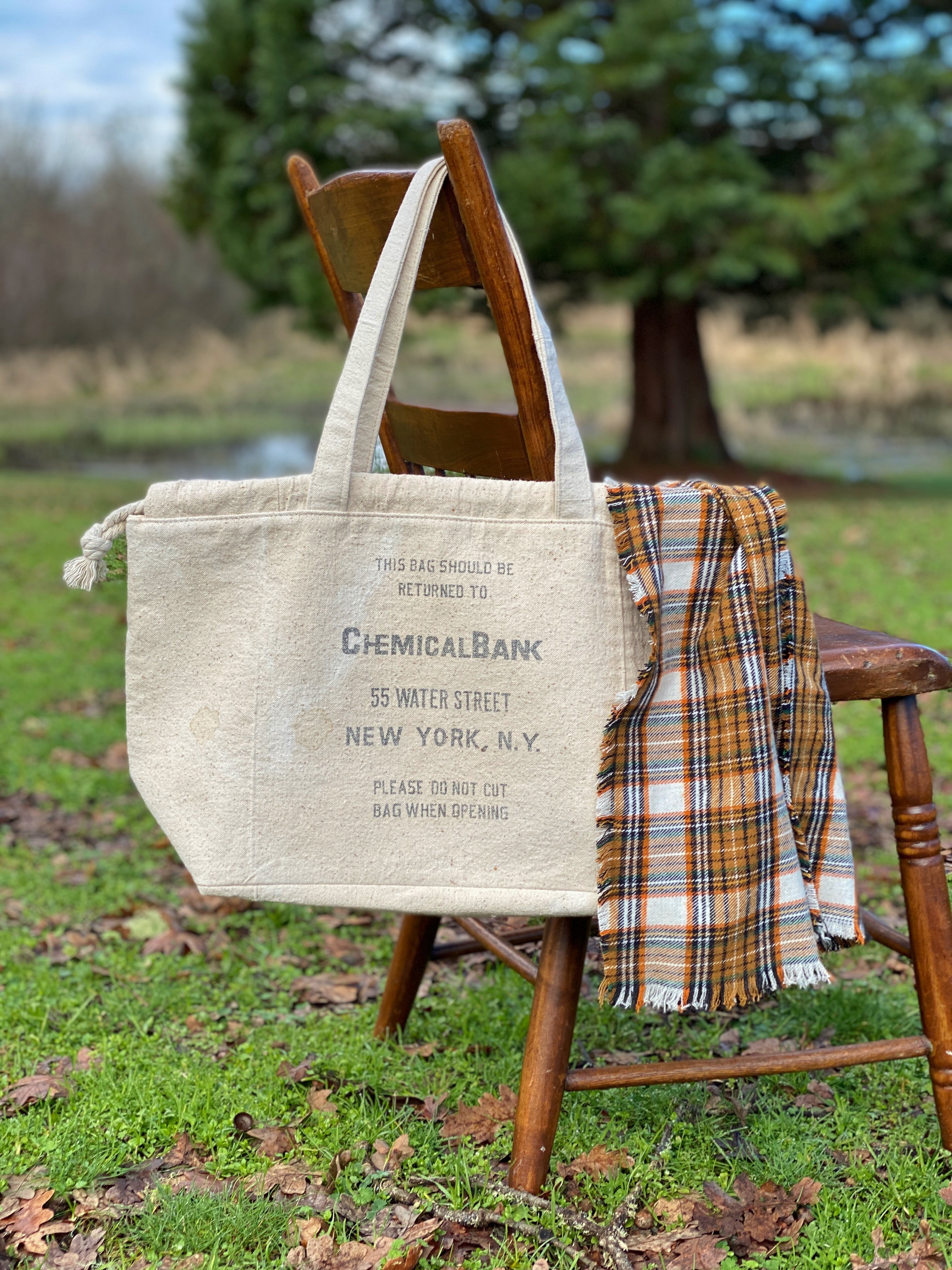 Vintage Chemical Bank New York NY Upcycled Money Bag Canvas Tote Project Beach Carryall