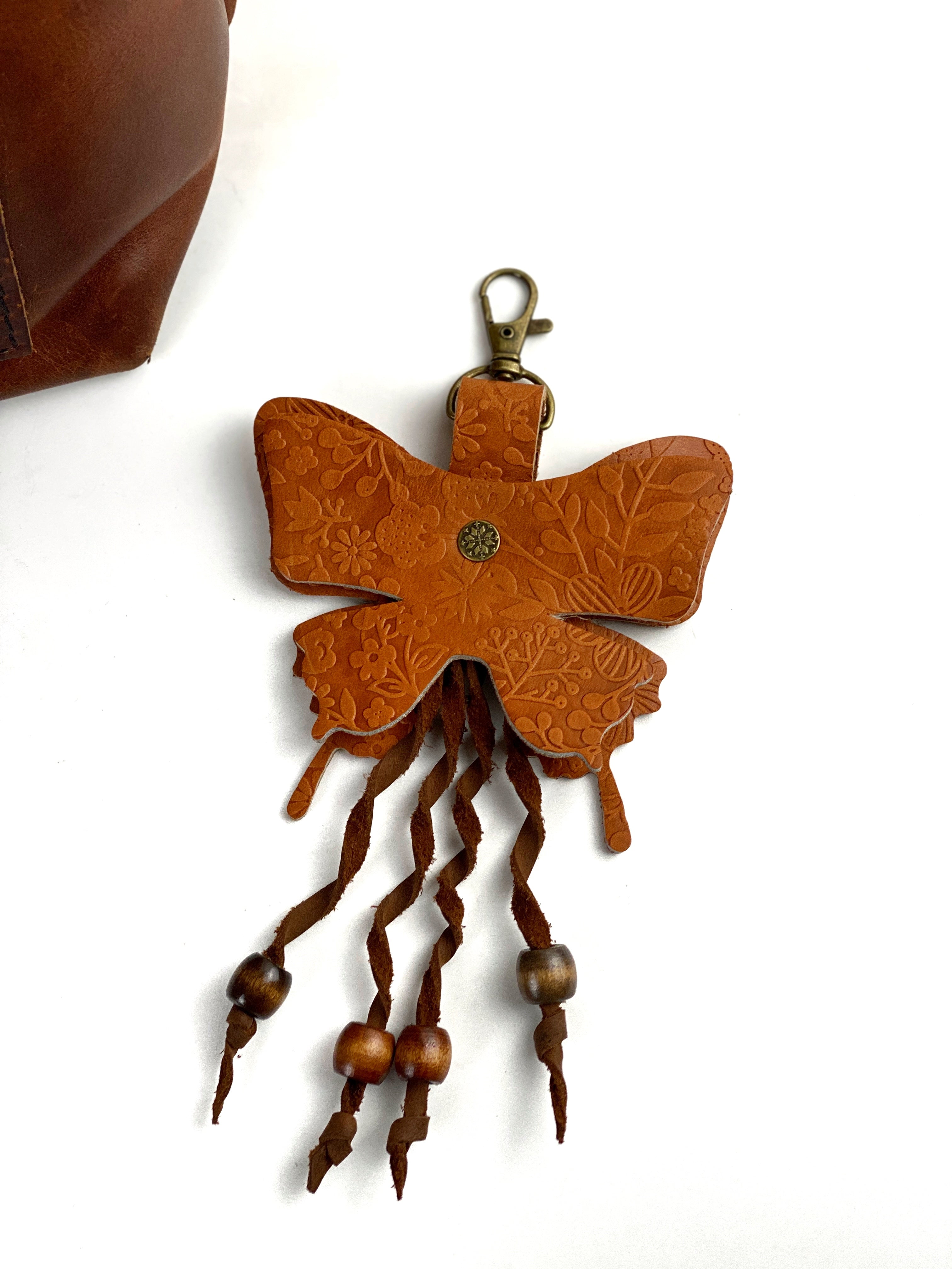 Embossed Leather Butterfly Keyring Purse Charm Beaded Twisted Fringe Bag Clip on Fob