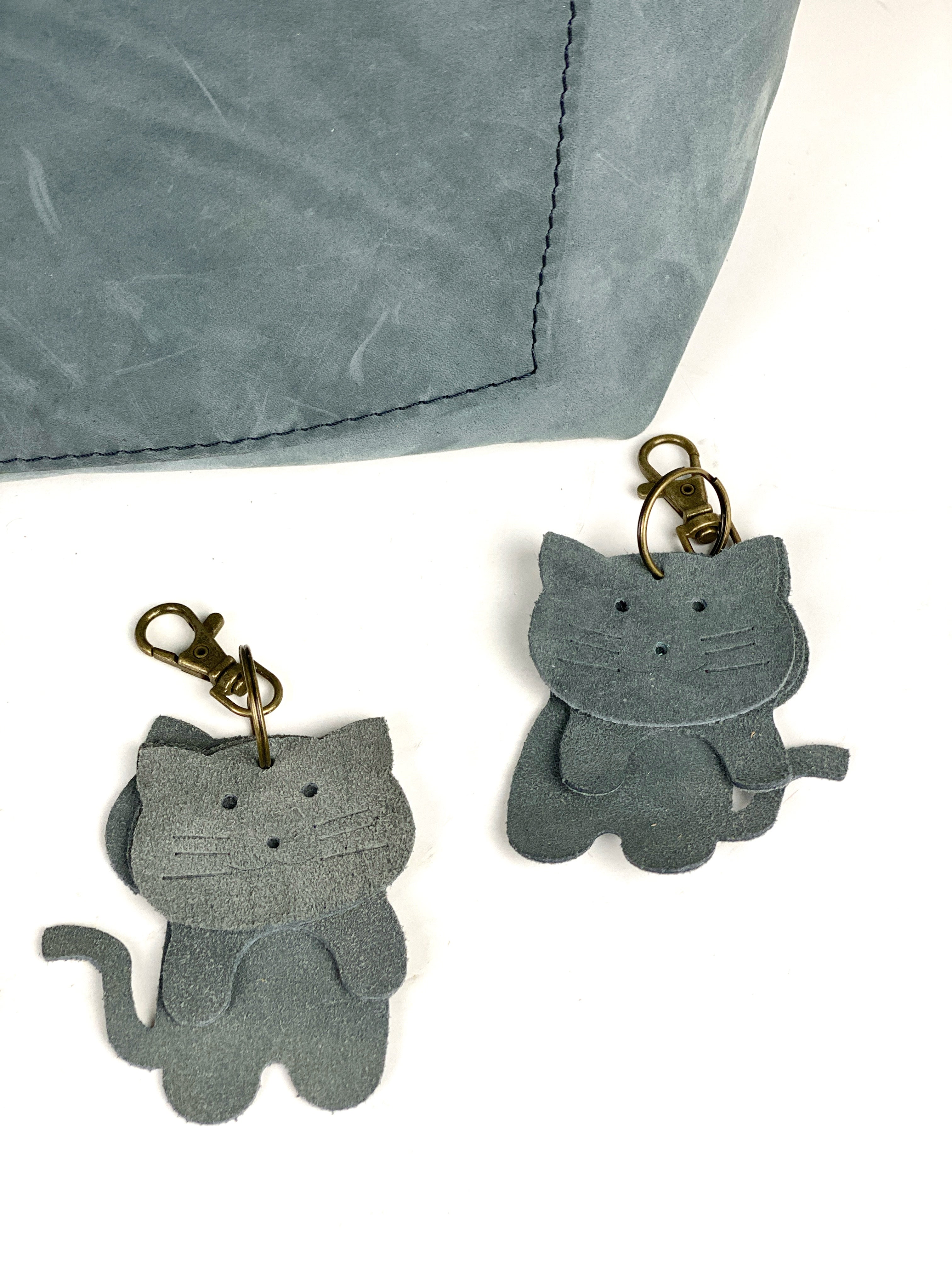 Suede Cat Keyring Purse Charm, Bag Clip on Cat Fob, Cute Cat Lovers Accessory