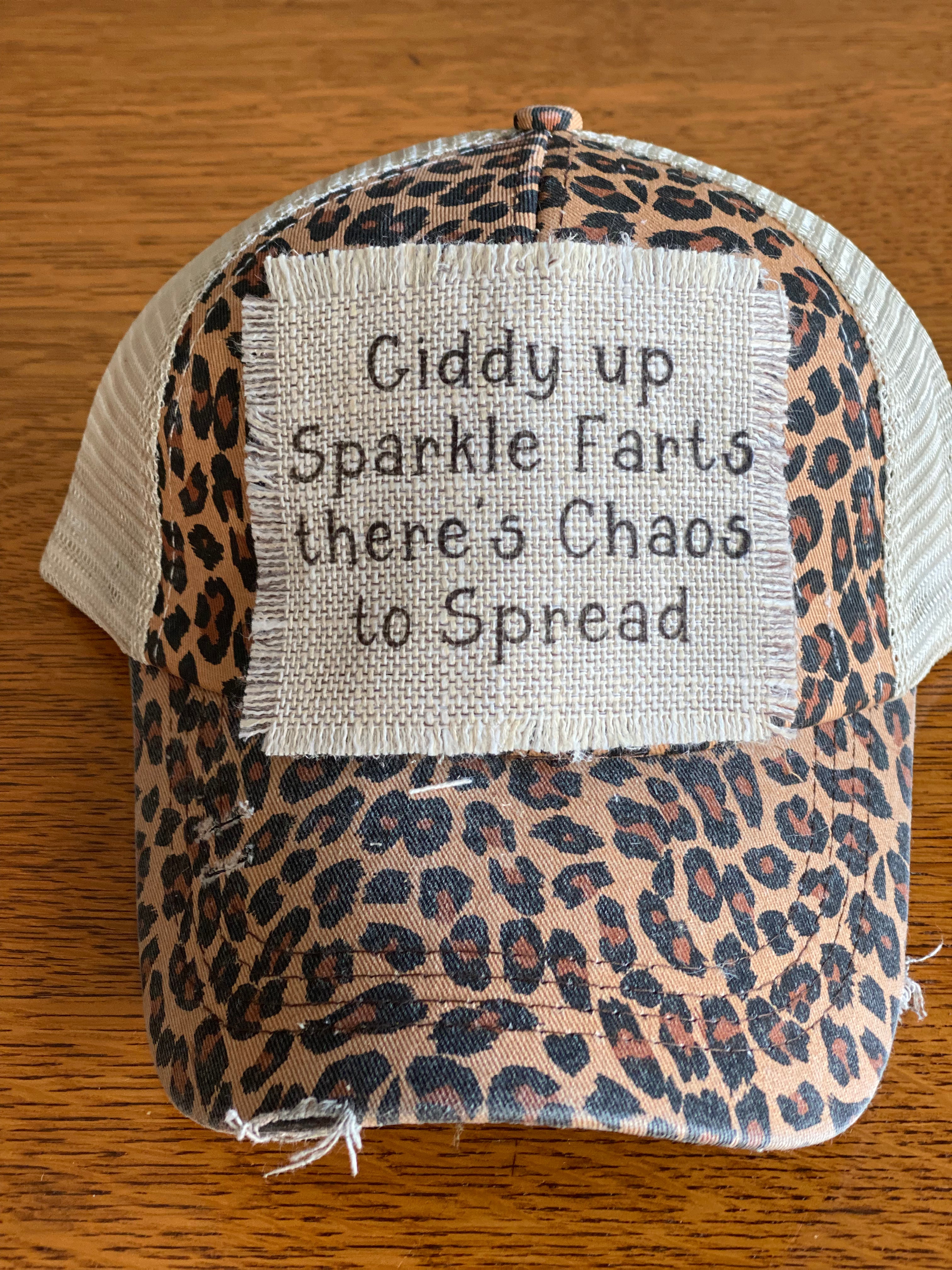 Giddy Up Sparkle Farts There's Chaos To Spread Mesh Trucker Ponytail Baseball Hat Cap with Raggedy Patch