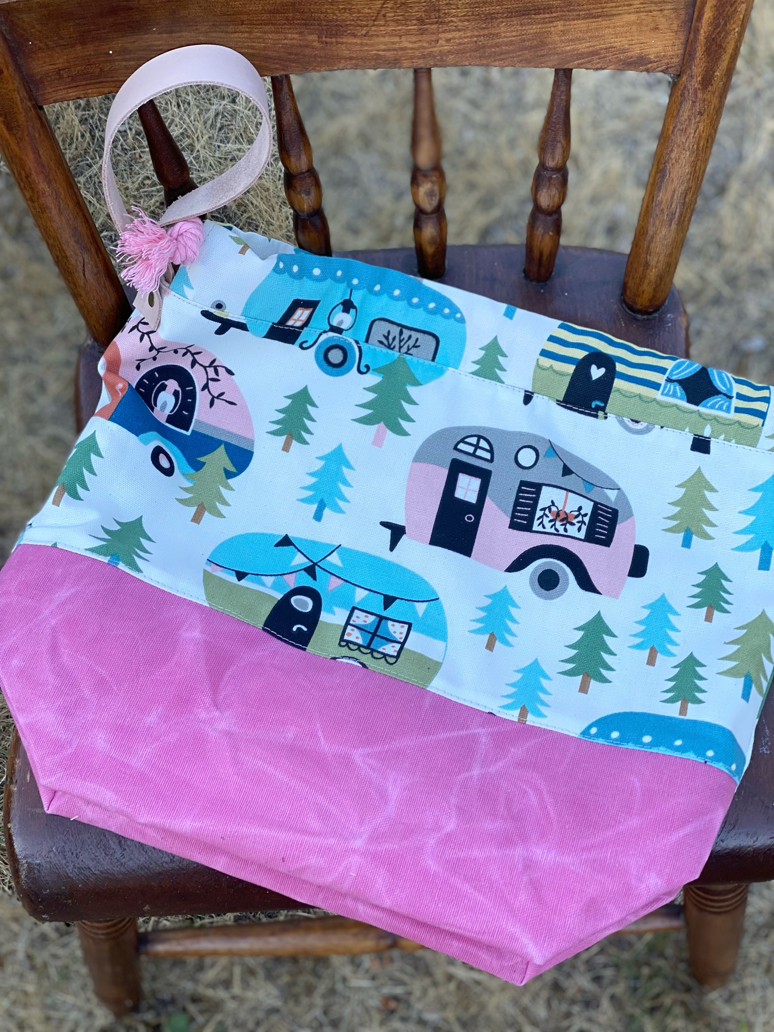Pink Vintage Glamping Trailer Waxed Canvas Project Bag, Happy Camper Project Bag, Project Bag for Knitters, Knitting Bag
