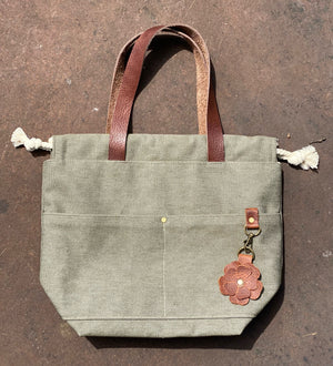 Olive Green Army Duck 18 Oz Canvas Project Bag Knit or Crochet Drawstring Tote Leather Strap Flat Bottom
