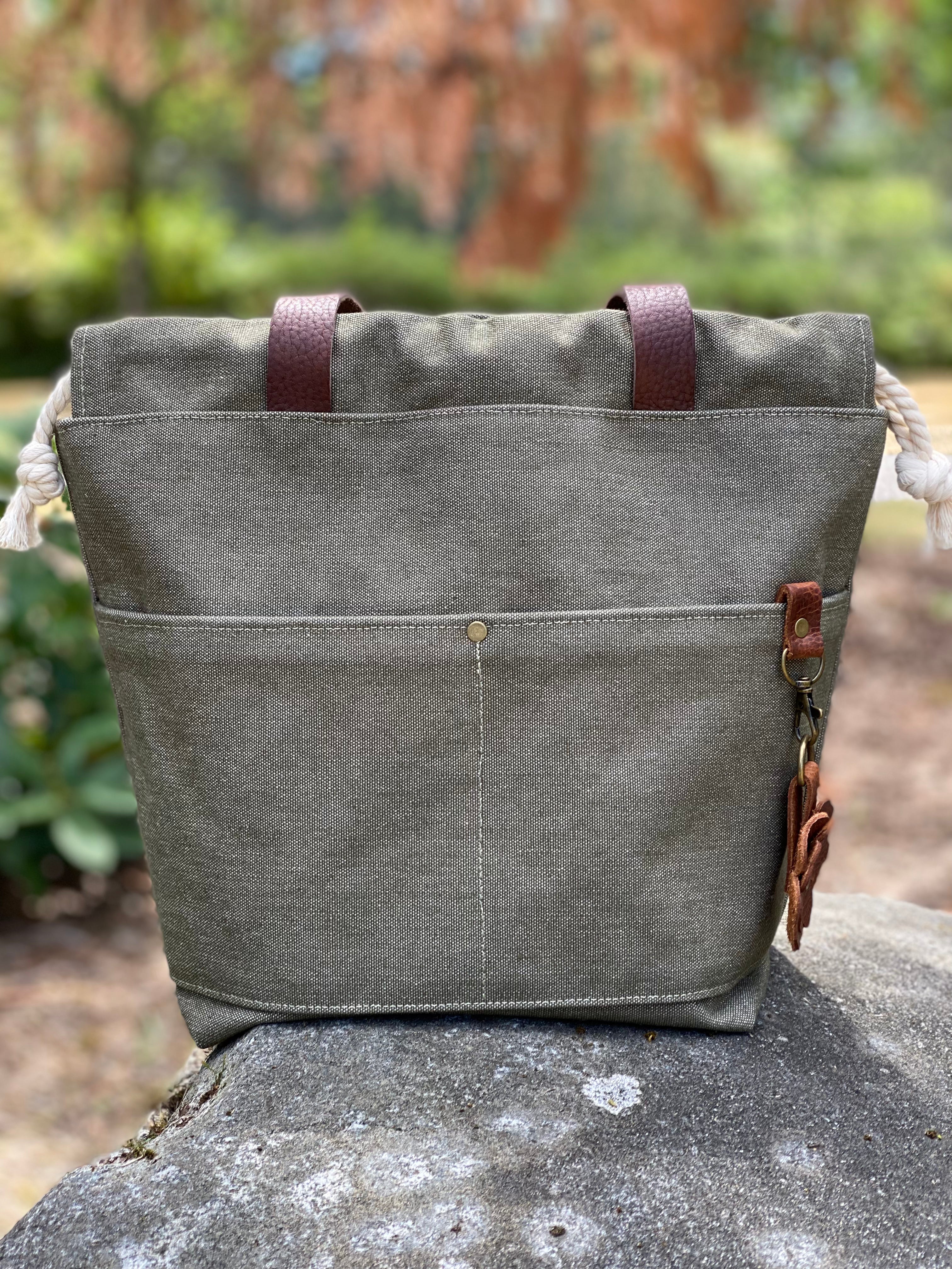 Olive Green Army Duck 18 Oz Canvas Project Bag Knit or Crochet Drawstring Tote Leather Strap Flat Bottom