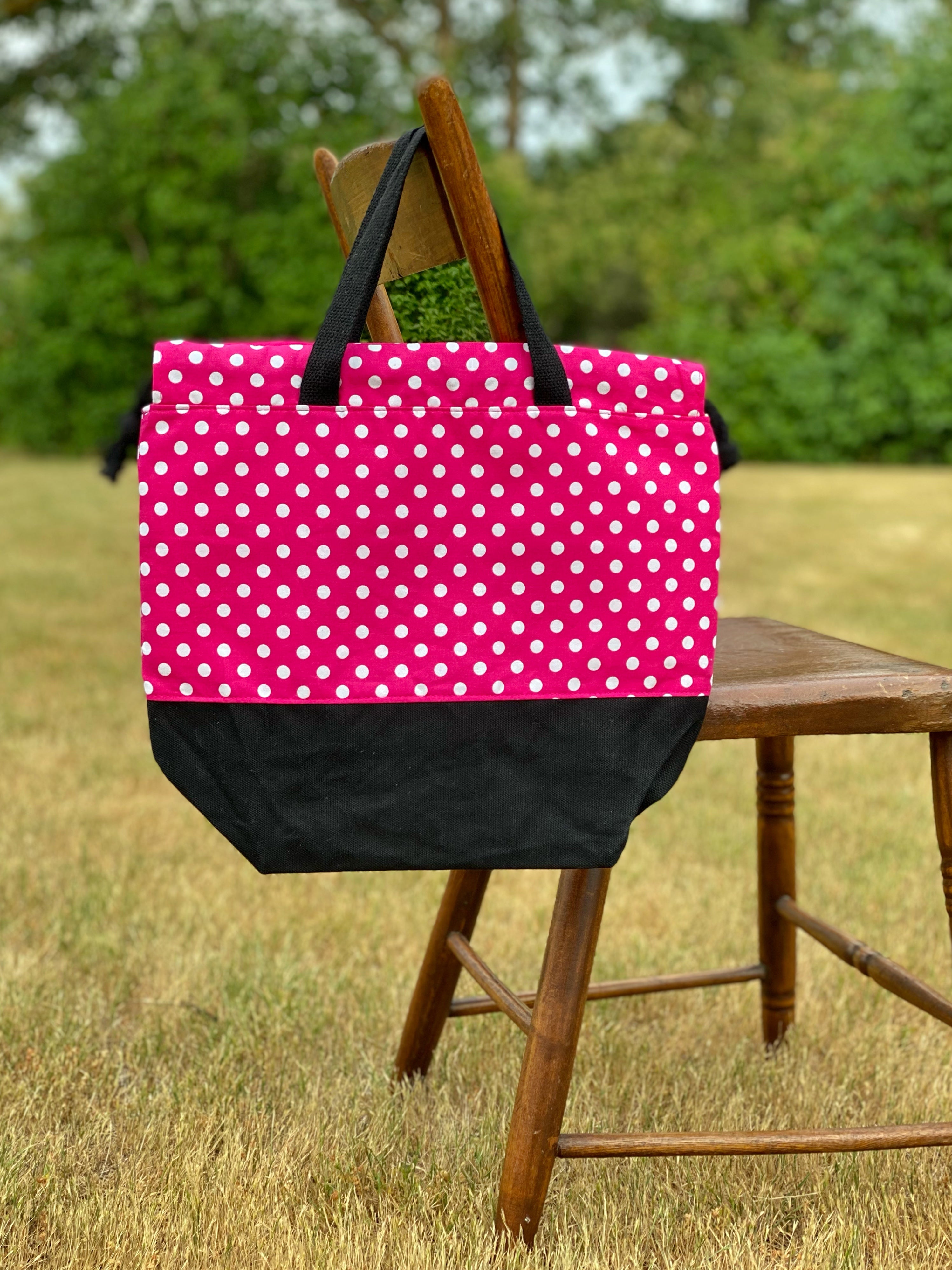 Hot Pink Polka Dot Project Bag, Project Bag for Knitters, Knitting Bag, Pink and Black Waxed Canvas Bag