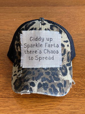 Giddy Up Sparkle Farts There's Chaos To Spread Mesh Trucker Ponytail Baseball Hat Cap with Raggedy Patch