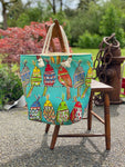 Whimsical Birds Beach Tote with Rope Handles, Tote Bag, Beach Bag, Reusable Grocery Tote, Farmers Market Bag