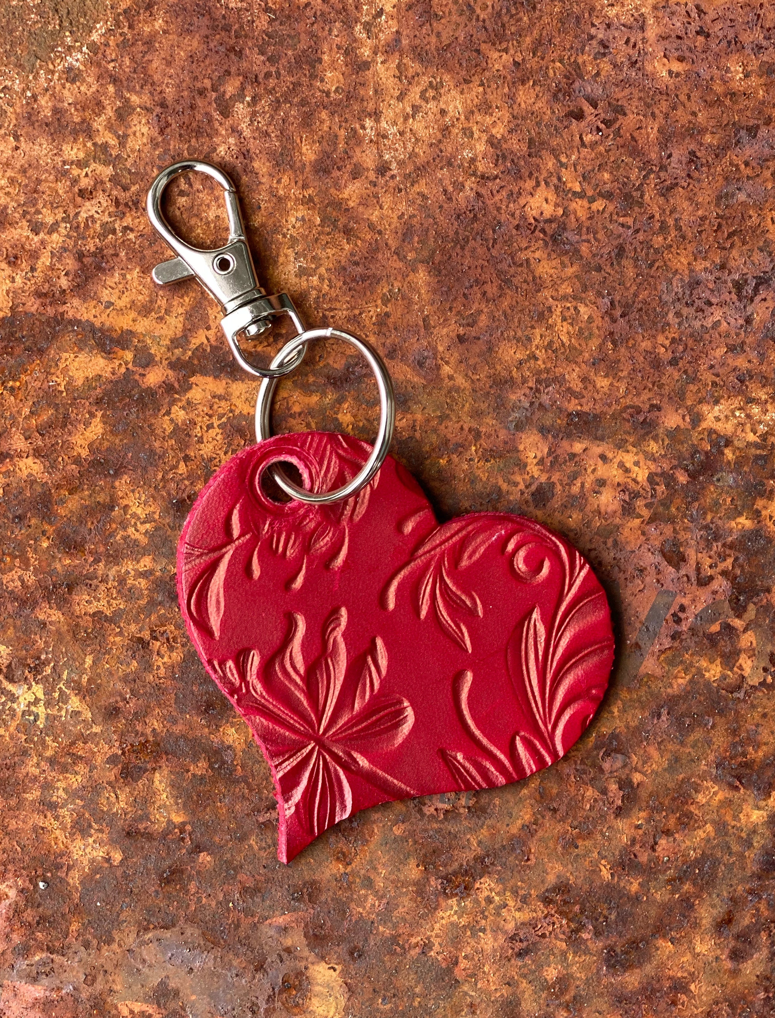 Red Leather Embossed Heart Charm Purse Bag Backpack Keychain Keyring Key Fob