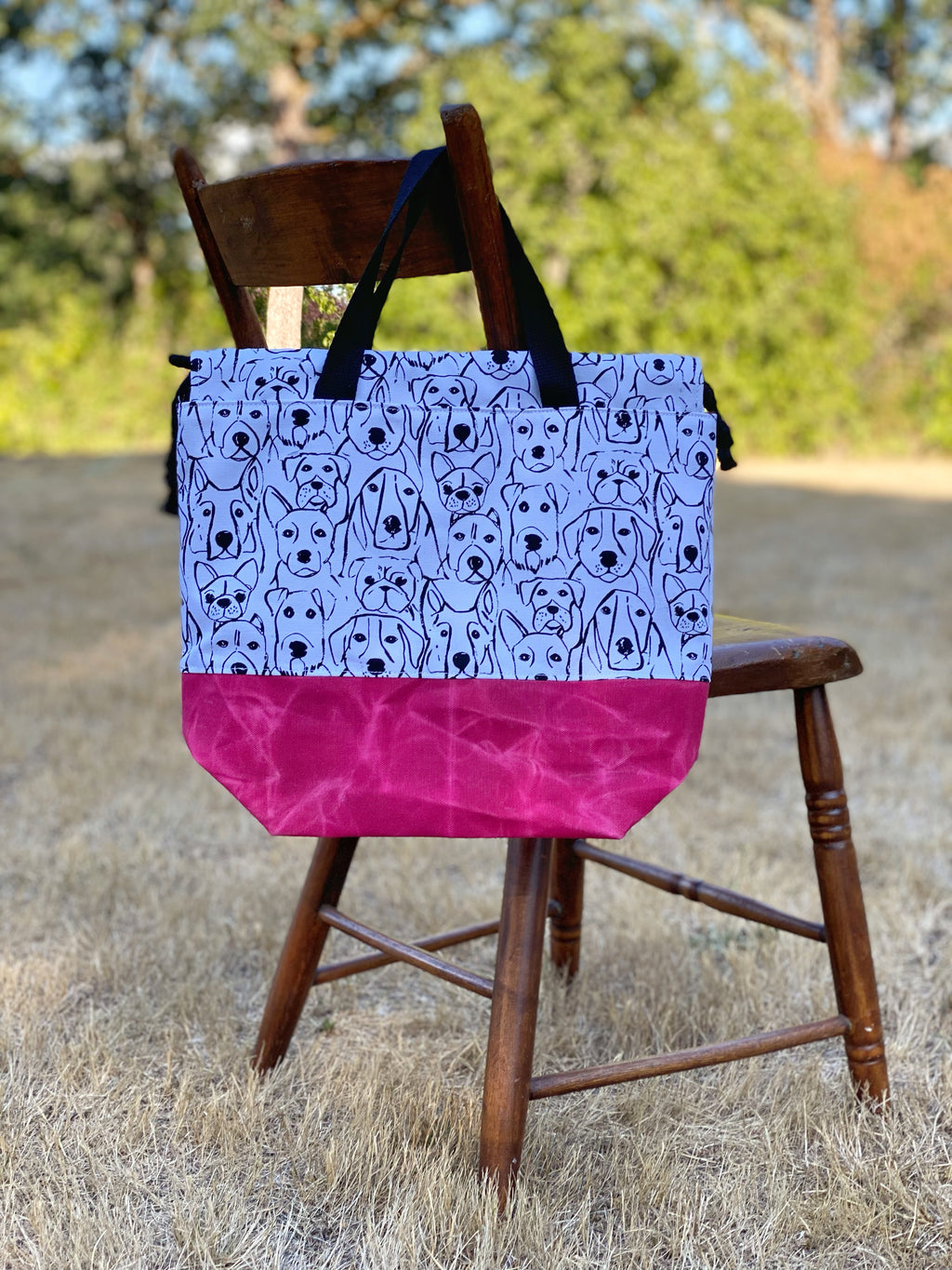 Black and White Dogs Canvas Project Bag, Project Bag for Knitters, Waxed Canvas Bag, Crochet Bag, Whimsical Project Bag
