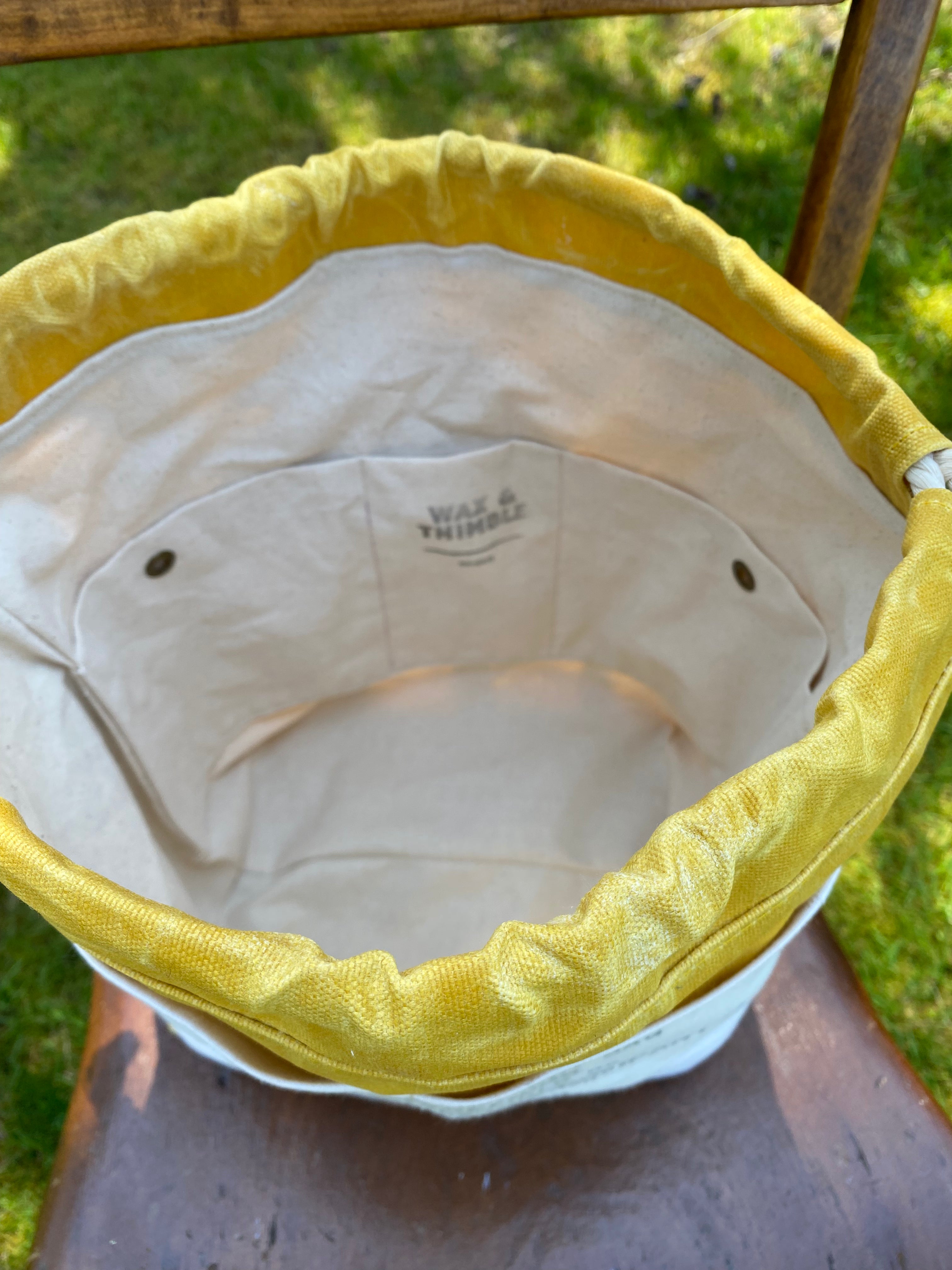 Mercantile Trust Company St Louis MO Yellow Waxed Canvas Project Bag Knit or Crochet Drawstring Tote Strap Flat Bottom