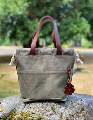Olive Green Army Duck 18 Oz Canvas Project Bag Knit or Crochet Drawstring Tote Leather Strap Flat Bottom