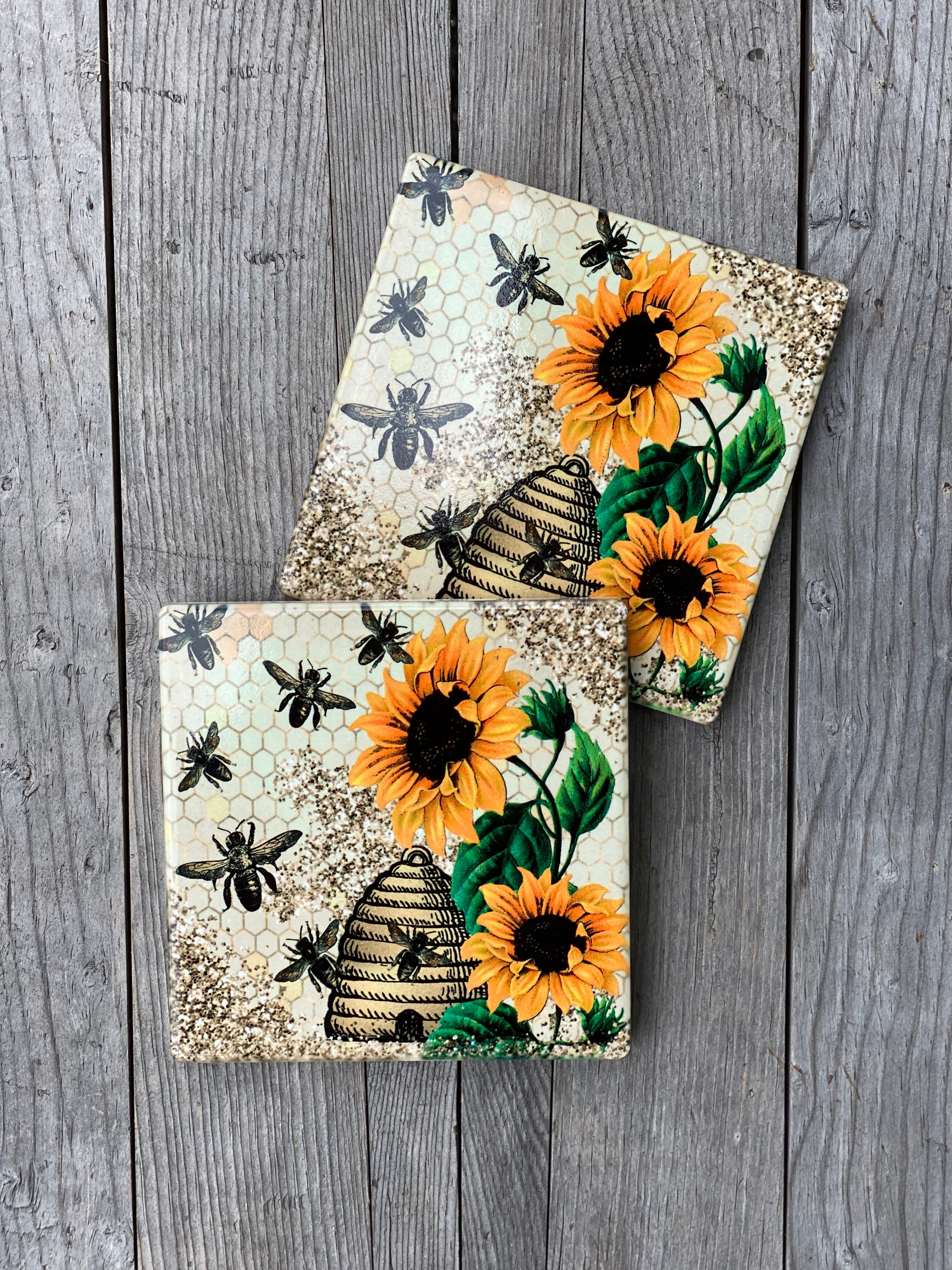 Sunflowers and Honey Bees Ceramic Coasters, Sublimation Coaster Set of 2 USA