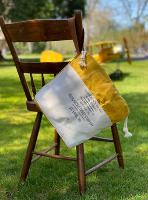 Mercantile Trust Company St Louis MO Yellow Waxed Canvas Project Bag Knit or Crochet Drawstring Tote Strap Flat Bottom