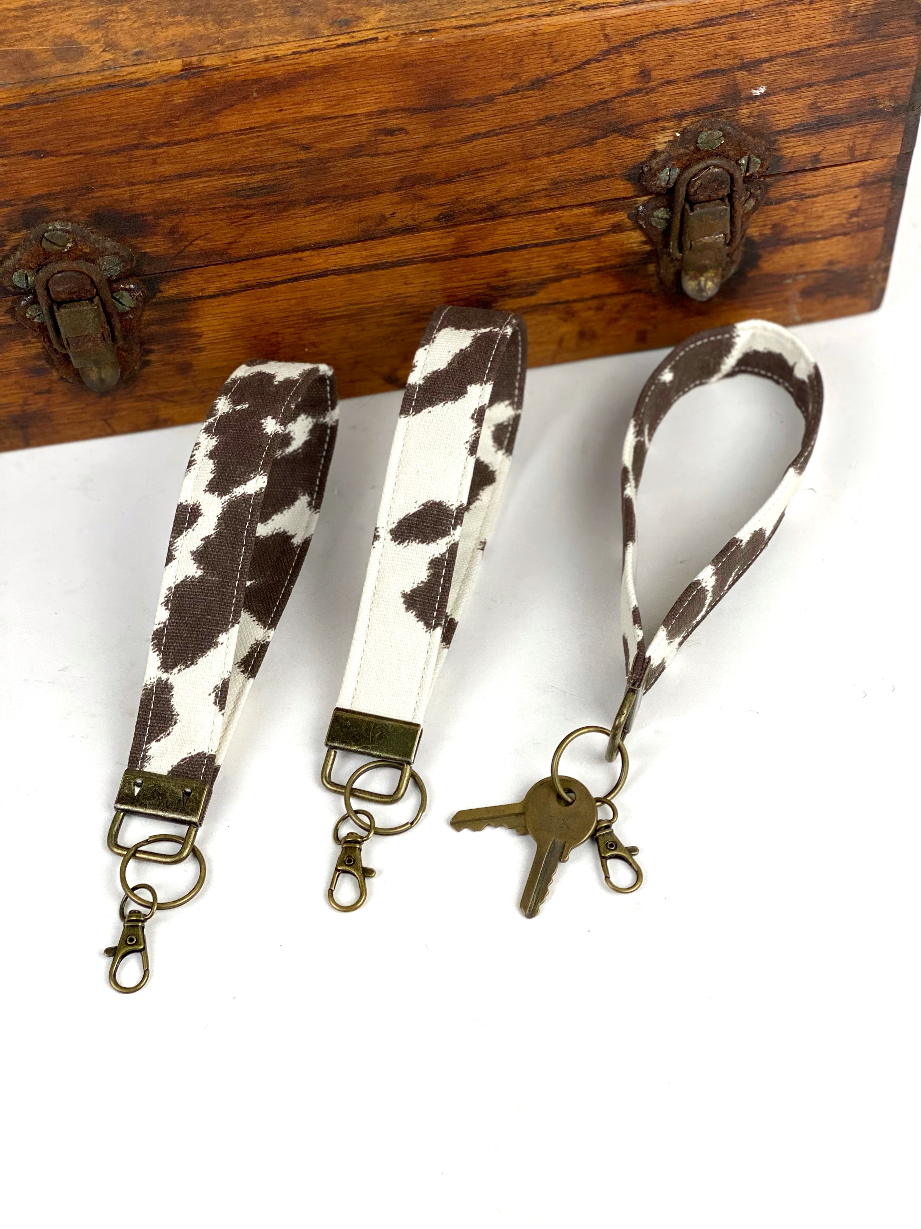 Cow Print Brown/Beige Canvas Wristlet Key Fob Strap Keyring