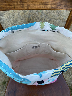 Pink Vintage Glamping Trailer Waxed Canvas Project Bag, Happy Camper Project Bag, Project Bag for Knitters, Knitting Bag