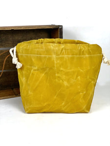 Yellow Waxed Canvas Project Bag Knit or Crochet Drawstring Tote Strap Flat Bottom