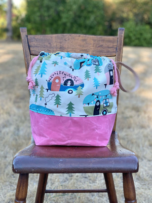 Pink Vintage Glamping Trailer Waxed Canvas Project Bag, Happy Camper Project Bag, Project Bag for Knitters, Knitting Bag
