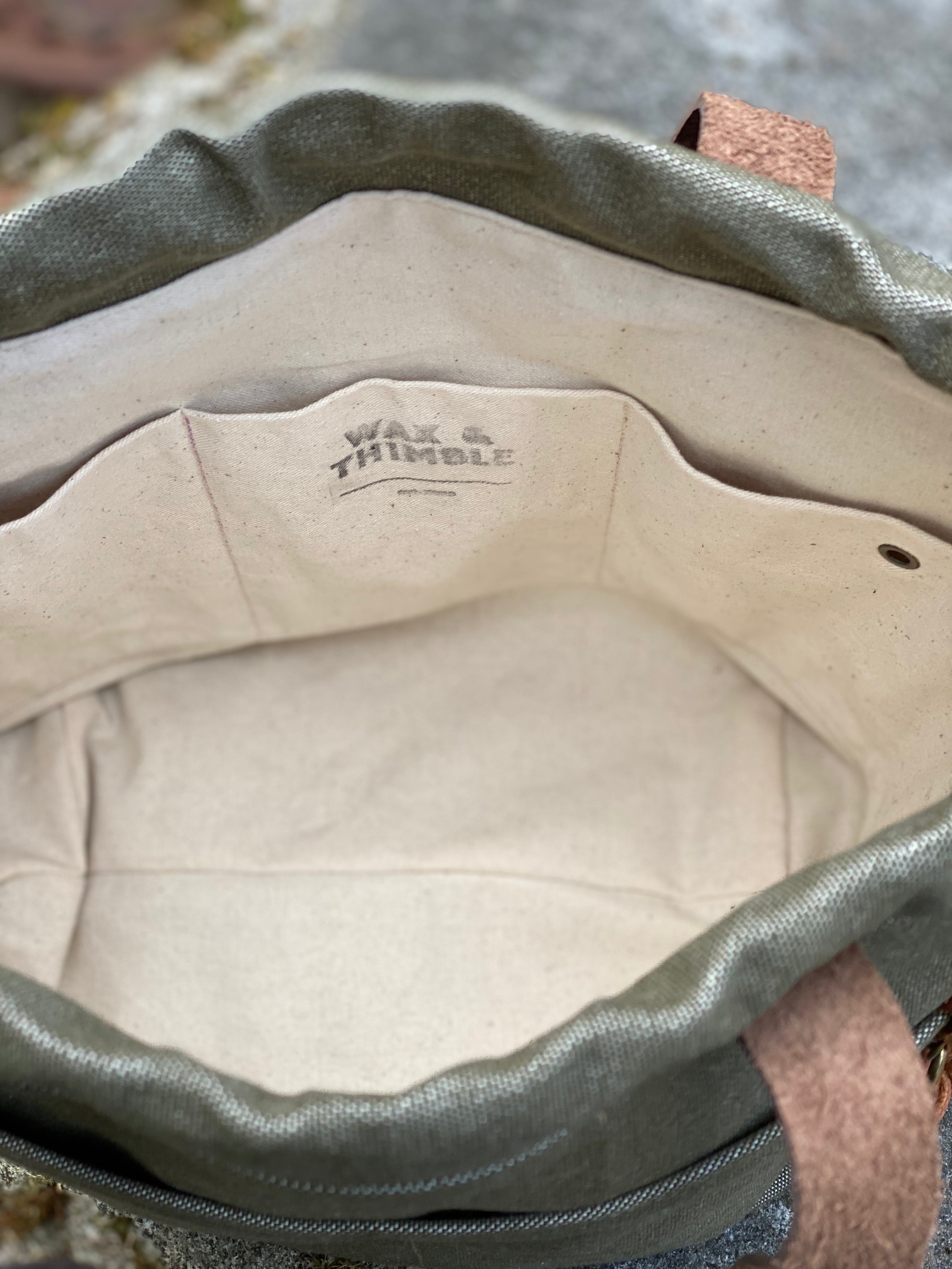 Olive Green Army Duck 18 Oz Canvas Project Bag Knit or Crochet Drawstring Tote Leather Strap Flat Bottom