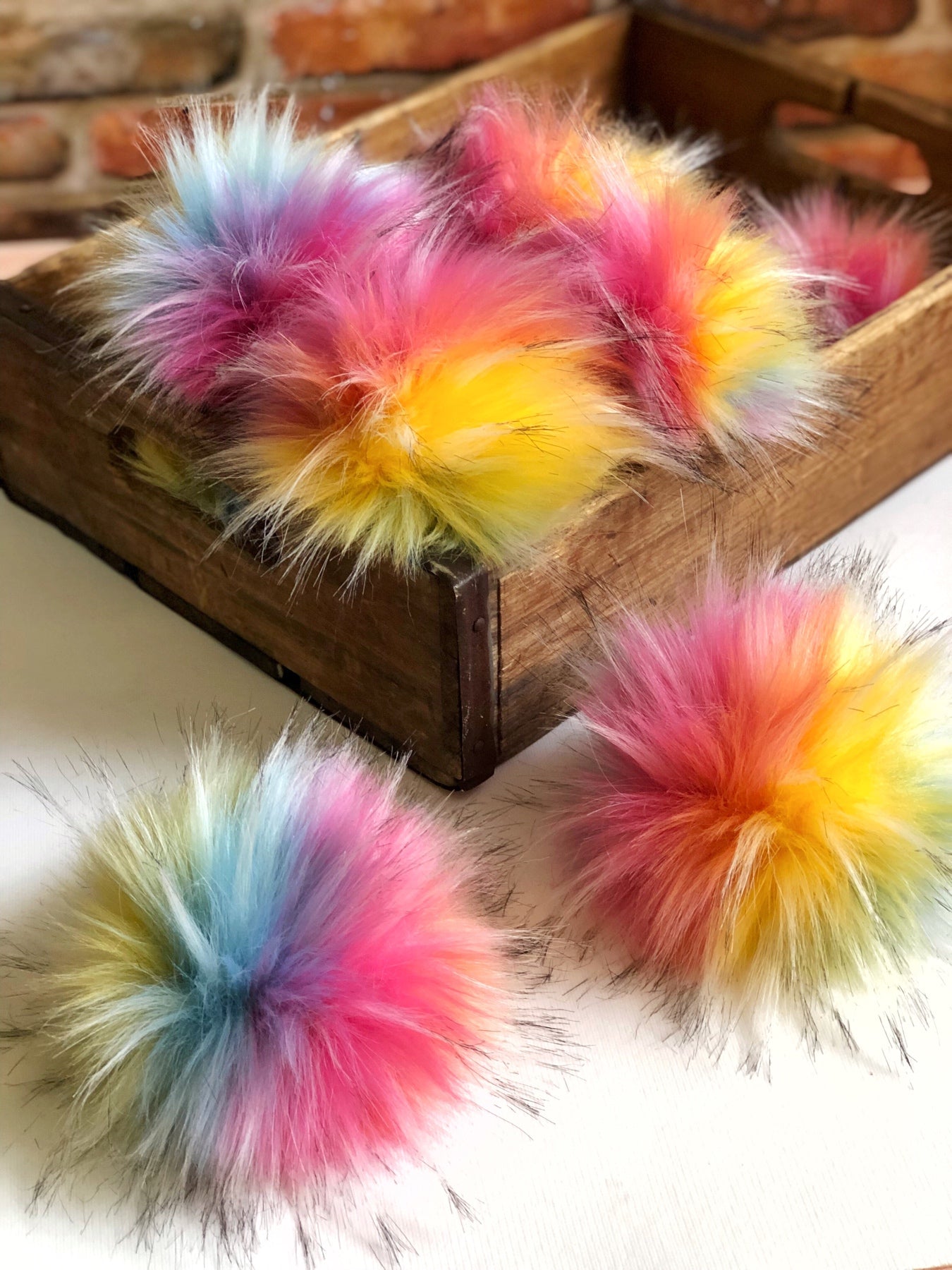 Faux Fur Pom Pom Dark Rainbow, Snap Closure – Wool and Company