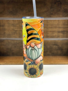 Gnome Sunflowers Honey Bees 20 oz Stainless Steel Skinny Tumbler Sublimation Hot Cold Coffee Soda