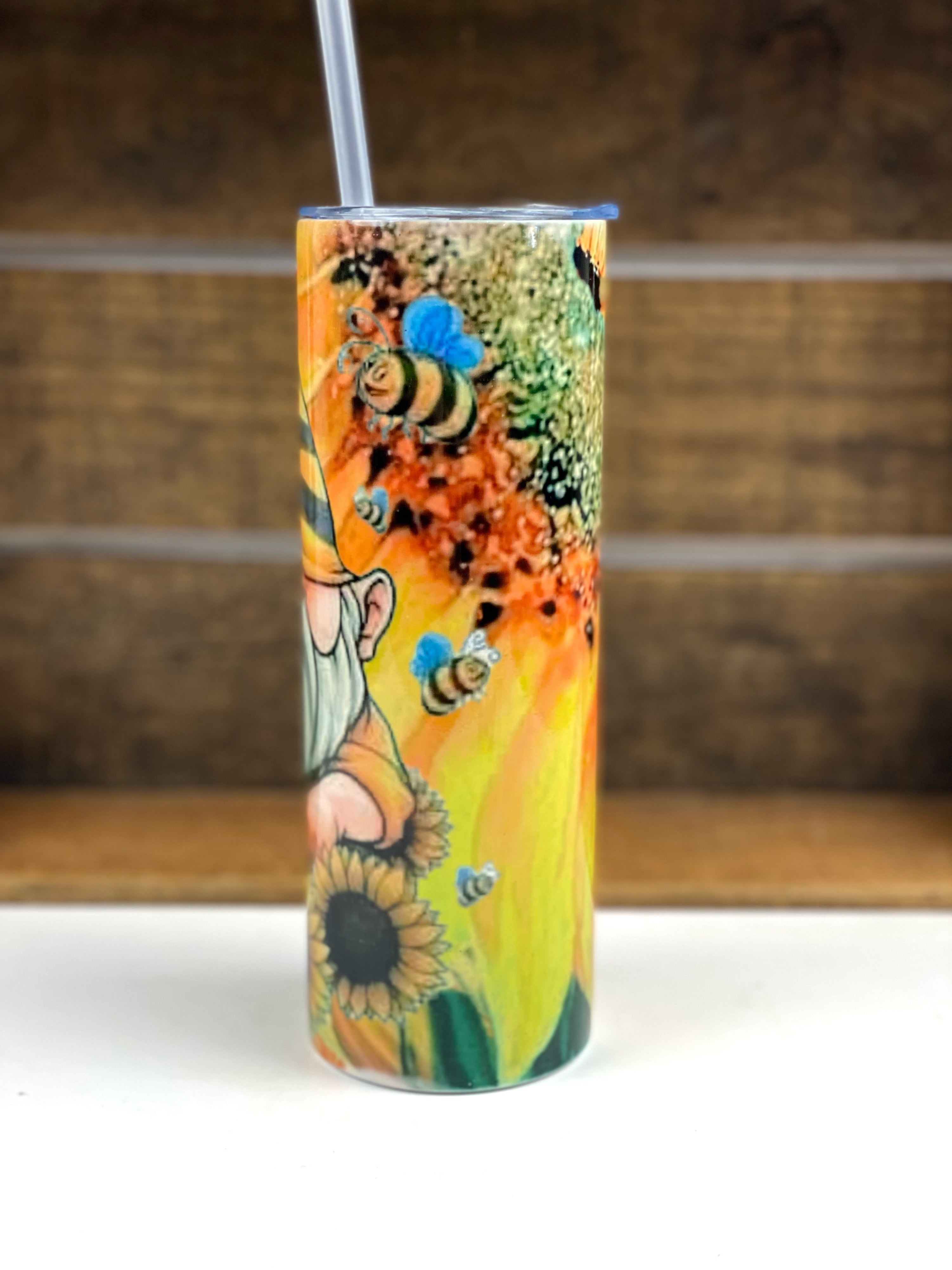 Gnome Sunflowers Honey Bees 20 oz Stainless Steel Skinny Tumbler Sublimation Hot Cold Coffee Soda
