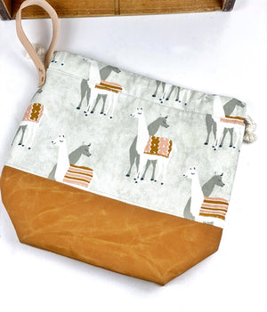 Llama and Waxed Canvas Project Bag Knit Crochet Knitting Drawstring Tote Kitchen Klutter Bag Wrist Strap Flat Boxed Bottom