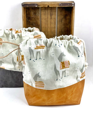 Llama and Waxed Canvas Project Bag Knit Crochet Knitting Drawstring Tote Kitchen Klutter Bag Wrist Strap Flat Boxed Bottom