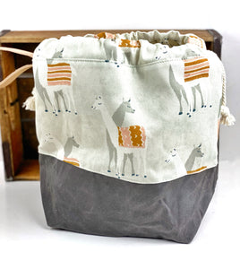 Llama and Waxed Canvas Project Bag Knit Crochet Knitting Drawstring Tote Kitchen Klutter Bag Wrist Strap Flat Boxed Bottom