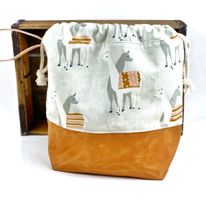 Llama and Waxed Canvas Project Bag Knit Crochet Knitting Drawstring Tote Kitchen Klutter Bag Wrist Strap Flat Boxed Bottom
