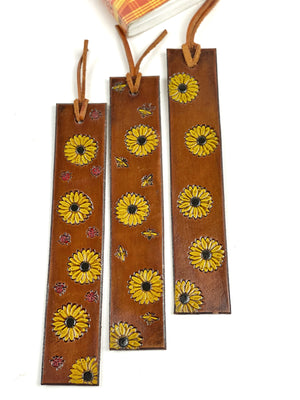 Leather Sunflower Bookmark, Leather Book Marker, Hand Stamped and Painted Leather Flower Book Mark, Leather Bookmarker