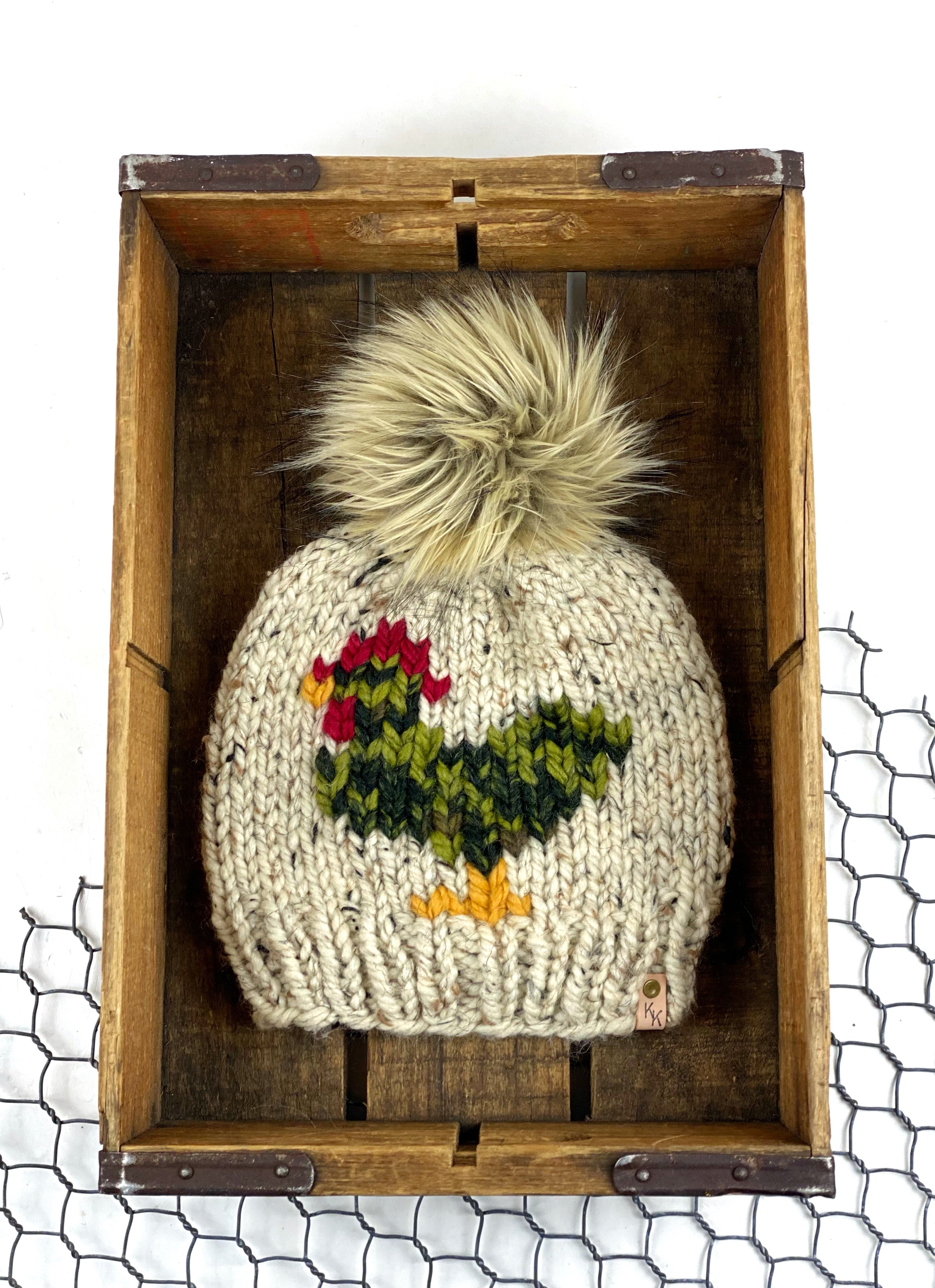 Camo Knit Chicken Hat Oatmeal Beanie Wool Blend Womens Adult Hat Faux Fur Pom Pom Hat