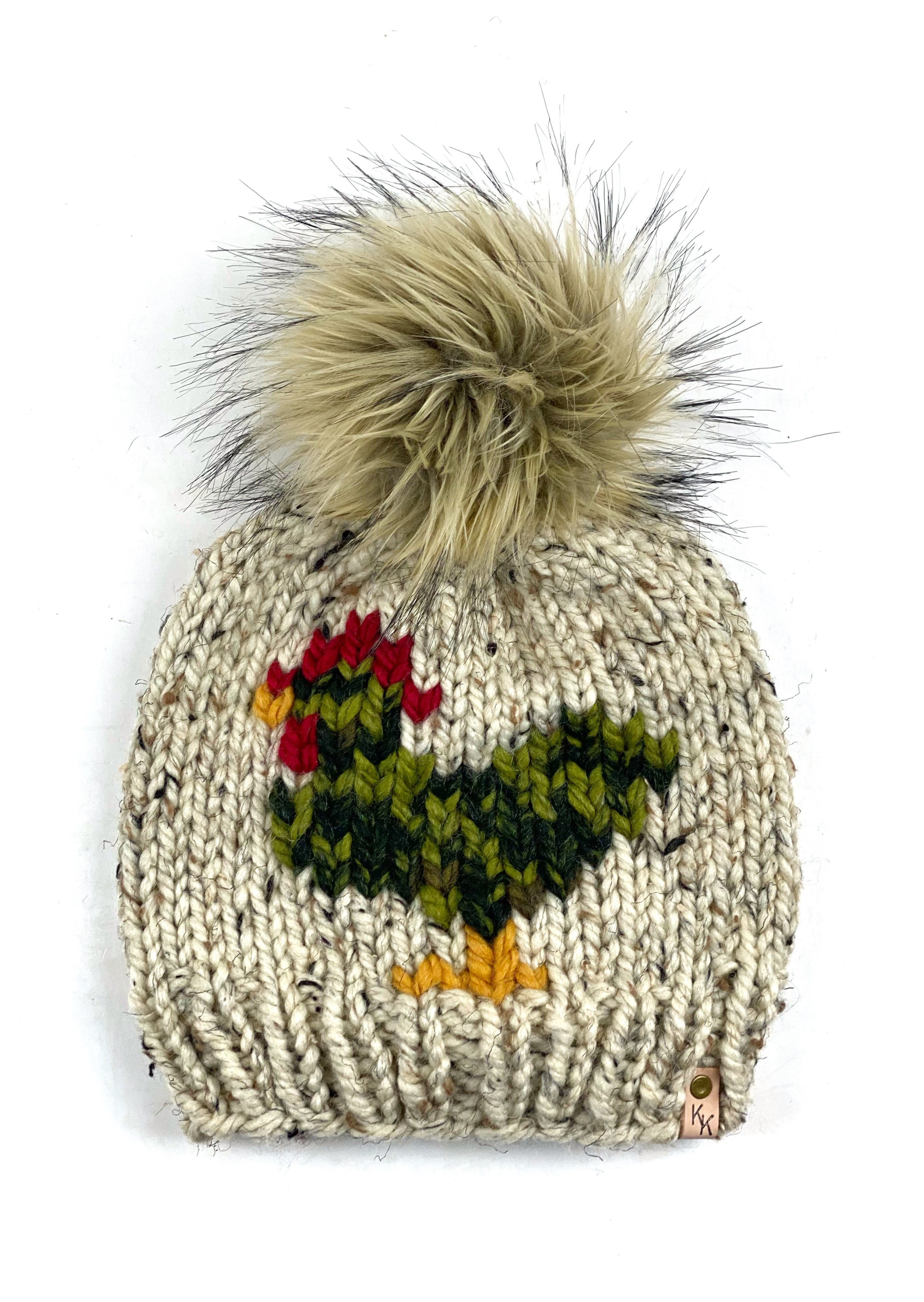 Camo Knit Chicken Hat Oatmeal Beanie Wool Blend Womens Adult Hat Faux Fur Pom Pom Hat
