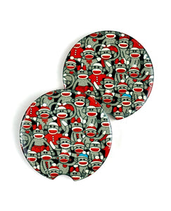 Sock Monkey Ceramic Car Coasters, Stoneware Cup Holder Coaster Set of 2, Sublimation Coasters, Car Accessories