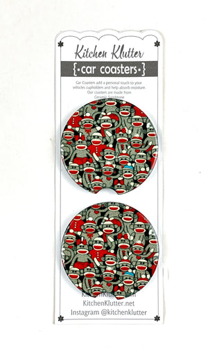 Sock Monkey Ceramic Car Coasters, Stoneware Cup Holder Coaster Set of 2, Sublimation Coasters, Car Accessories