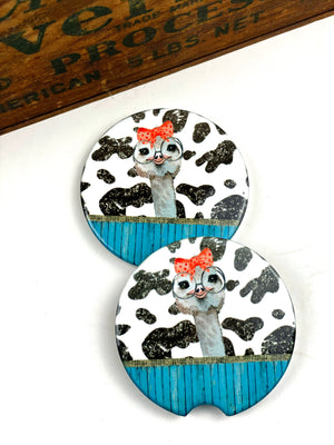 Barnyard Animals Car Coasters Ceramic Stone Sublimation Set of 2 Cow, Pig, Ostrich