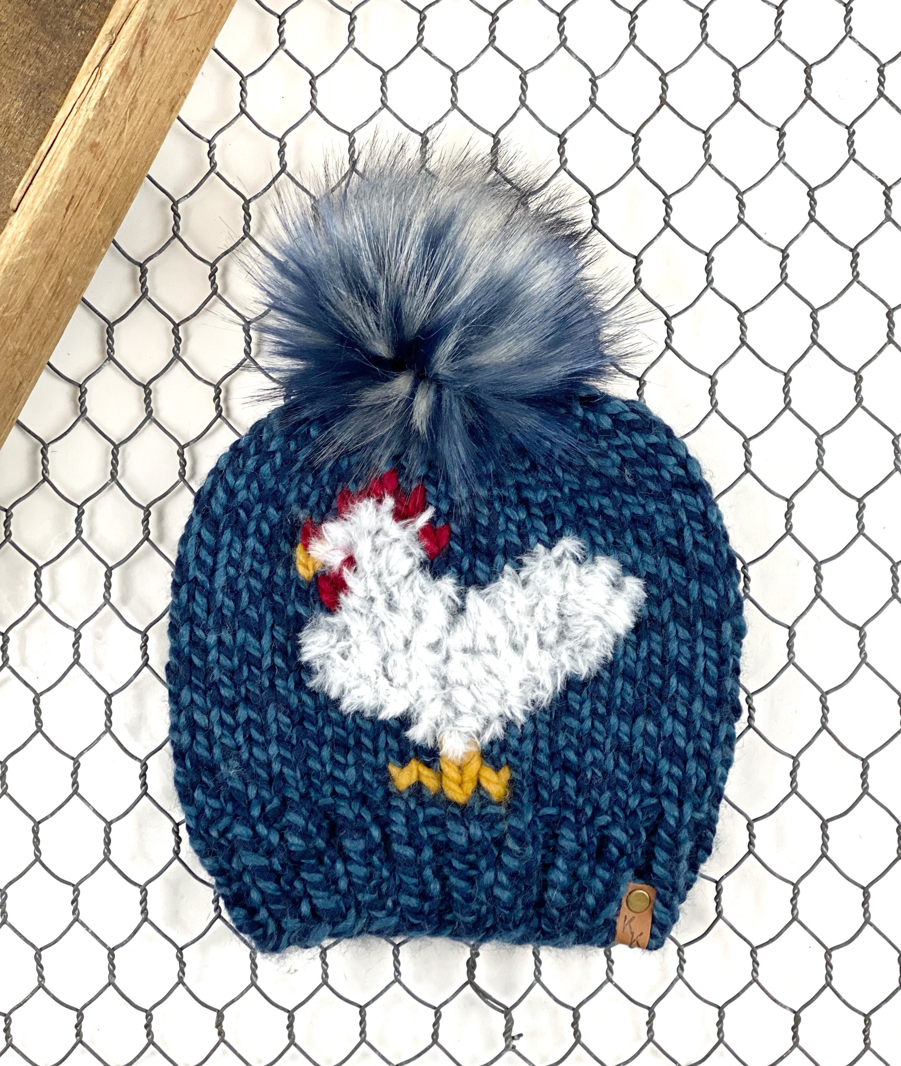 Denim Twist Furry Chicken Beanie Wool Blend Womens Adult Hat Faux Fur Pom Pom Hat