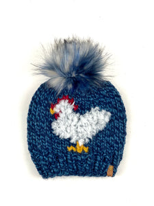 Denim Twist Furry Chicken Beanie Wool Blend Womens Adult Hat Faux Fur Pom Pom Hat