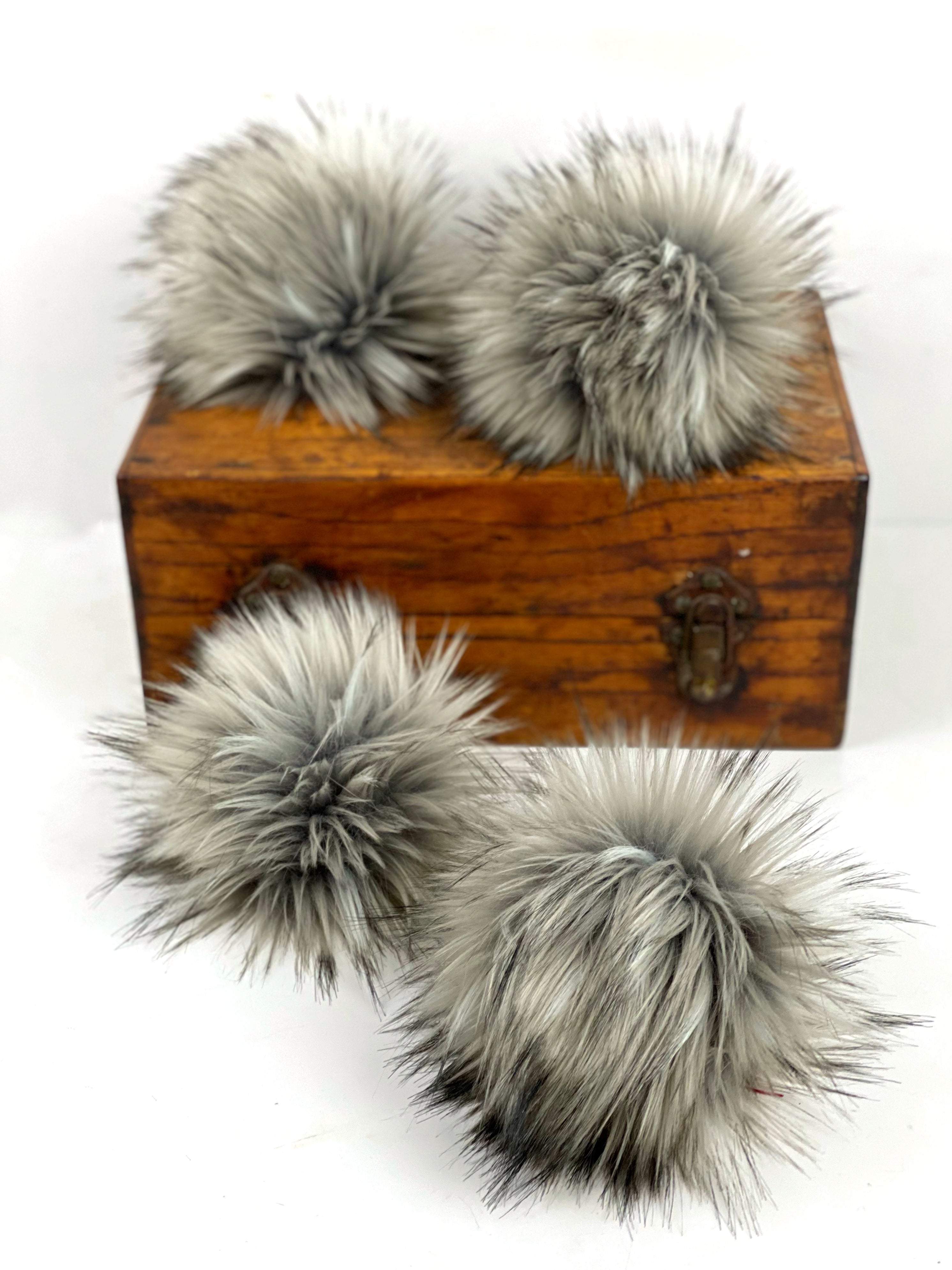Faux Fur Pom Pom "Grey Wolf" Poms for Knit Crochet Hats Beanies Handmade by Kitchen Klutter