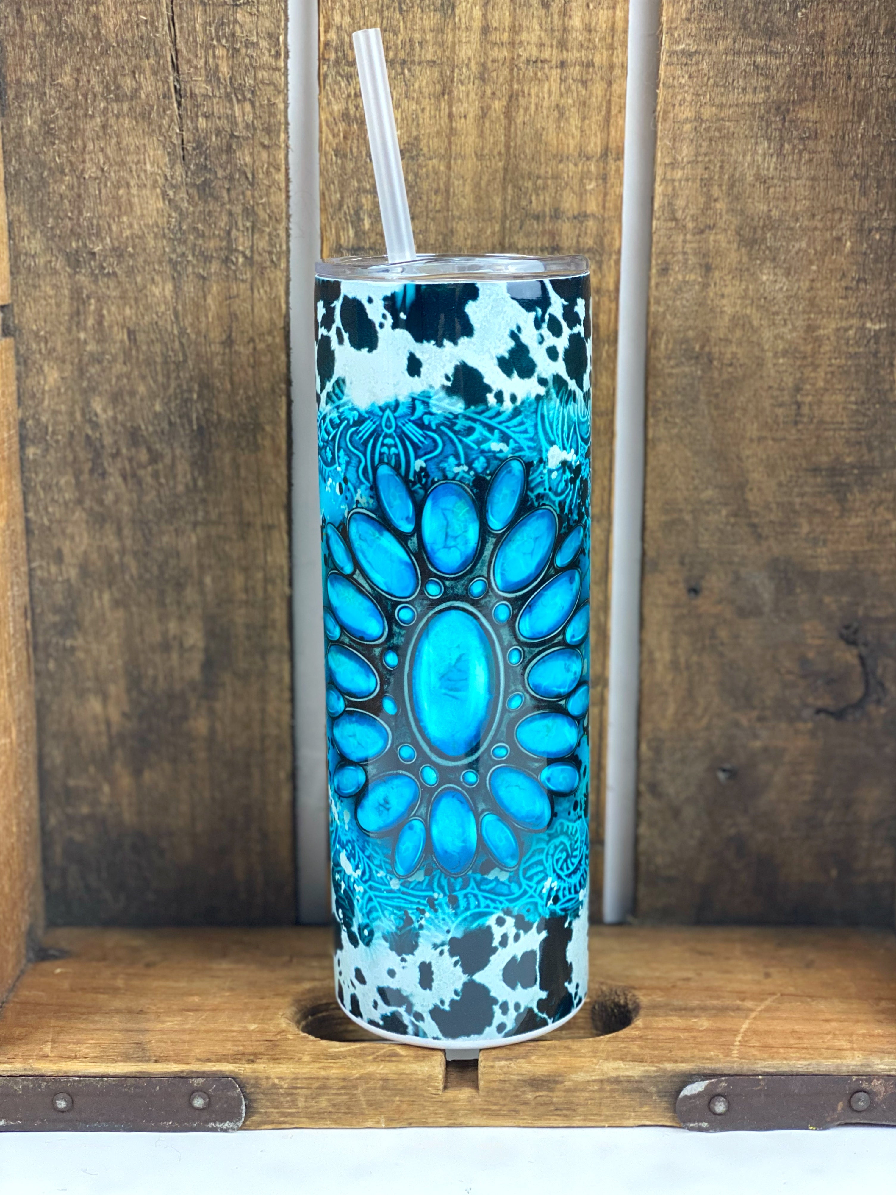 Turquoise and Cowhide 20 oz Stainless Steel Skinny Tumbler Sublimation
