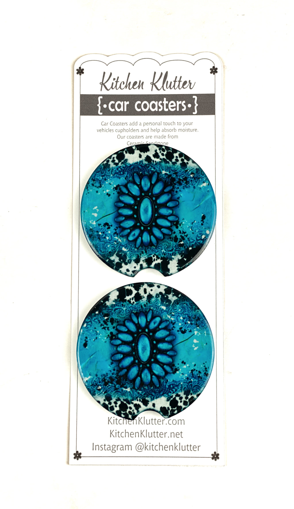 Turquoise and Cowhide Ceramic Car Coasters, Stoneware Cup Holder Coaster Set of 2, Sublimation Coasters, Car Accessories