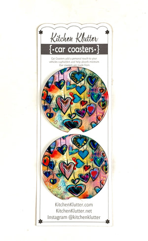 Whimsical Hearts Ceramic Car Coasters, Stoneware Cup Holder Coaster Set of 2, Sublimation Coasters, Car Accessories